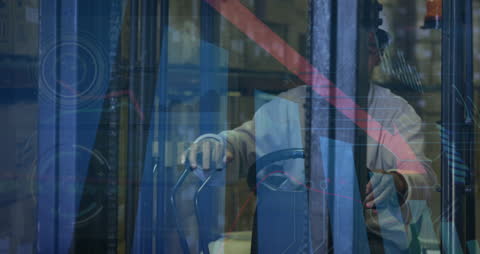 Warehouse Worker with Financial Data Overlay Illustrating Global Trade