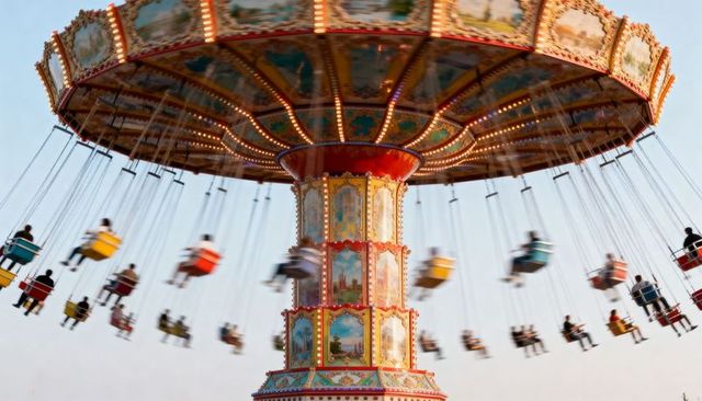 Vintage swing carousel spinning with colorful seats, motion blur and evening light
