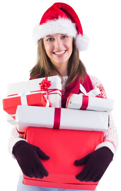 Festive Woman in Santa Hat Holding Gifts Transparent Background - Download Free Stock Videos Pikwizard.com