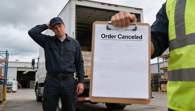 Warehouse worker showing order canceled clipboard to delivery driver by truck, supply delay