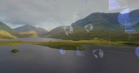 Aerial drone view of remote mountain lake with small island and futuristic hud overlay