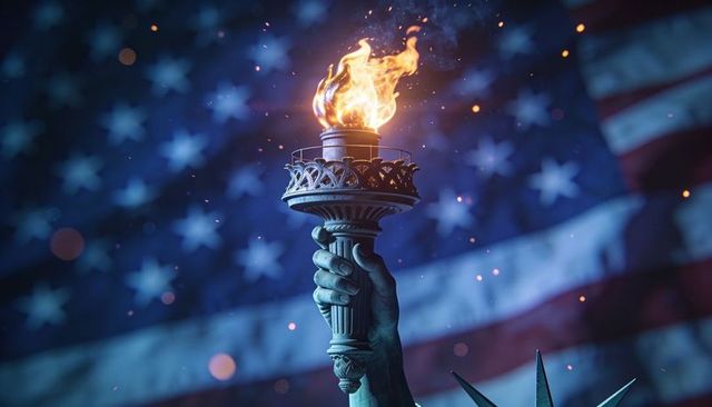 Holding statue of liberty torch at night, flaming torch against dramatic american flag