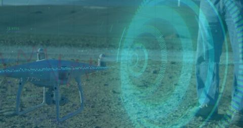 Futuristic drone operation with hud in arid environment