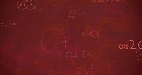 Mathematical equations on red chalkboard background