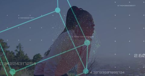 Digital network overlay on african american woman exercising outdoors
