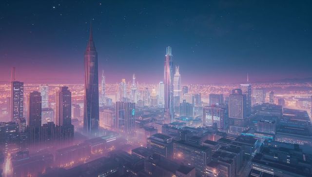 Futuristic neon skyline over modern metropolis at night