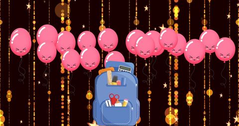 Backpack with school supplies and balloons on festive background