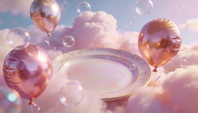 Iridescent porcelain plate floating among pink clouds with rose gold balloons and bubbles