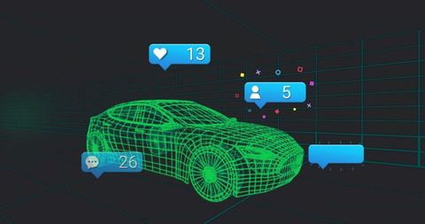 Futuristic Wireframe Car with Social Media Encourage Integration