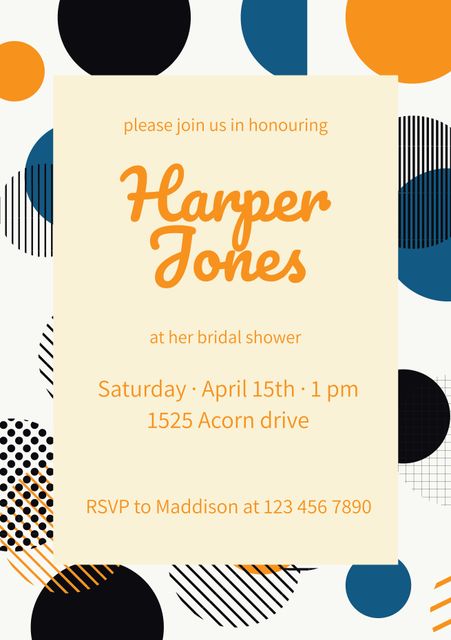 This invitation template features a modern and playful design with bold typography and a pattern of colorful circles. Perfect for digital or printed invitations, it ensures a festive and engaging appeal for a bridal shower announcement. Easily editable to customize for any specific event details, including date, time, and RSVP information. Suitable for creative professionals and DIY enthusiasts looking for a stylish template for bridal celebrations.