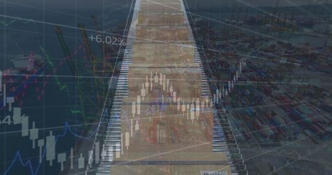 Global shipping analytics with conveyor belt overlay at port