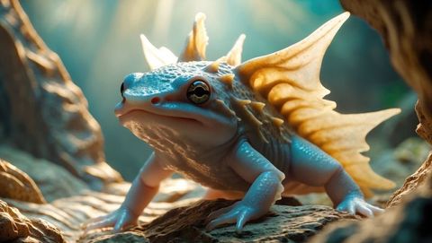 Fantasy Amphibian Creature with Golden Fins in Sunlit Hollow