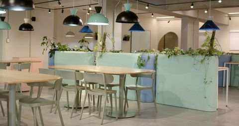 Mint wood coworking cafe with seafoam planters, pendant lights and minimal pastel interior
