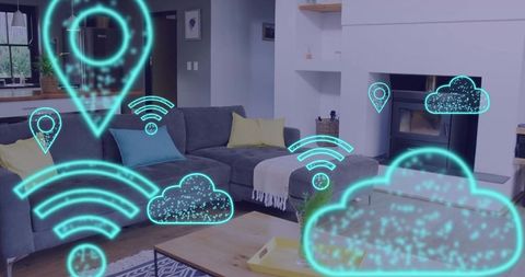Smart home ar overlays showing cloud, wi-fi and location in modern living room