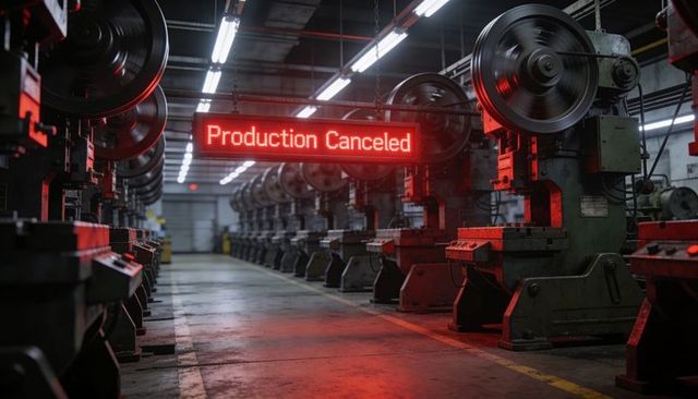 Red led 'production canceled' sign casting red glow over idle manufacturing presses