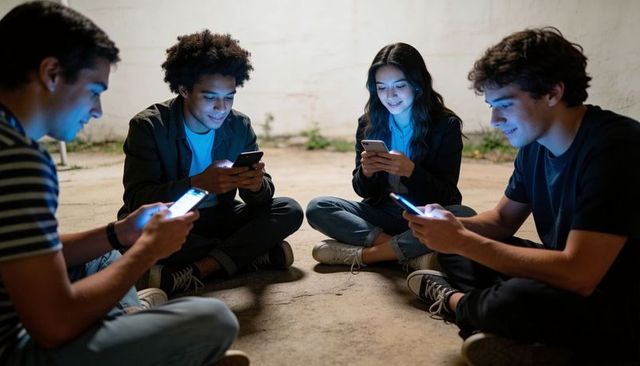 Teenagers sitting in circle at night scrolling smartphones on concrete basement floor
