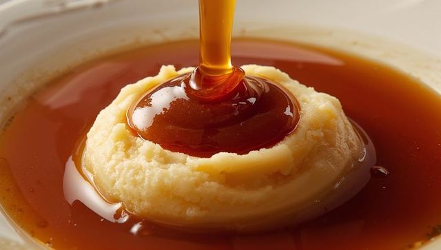 Enticing pour of rich gravy over creamy mashed potatoes