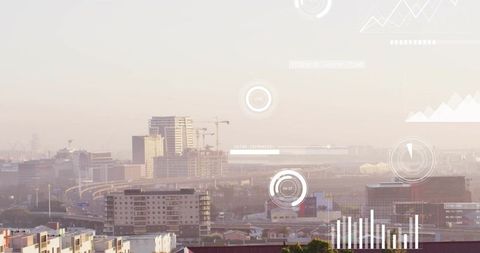 Port city skyline showing construction cranes, highway overpass and digital HUD analytics
