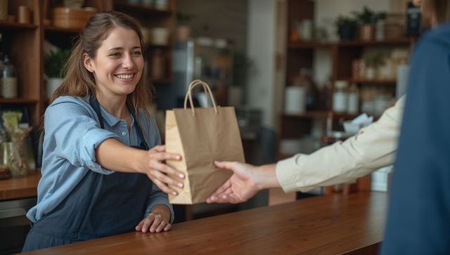 Smiling barista handing brown paper bag over wooden counter in cozy boutique cafe