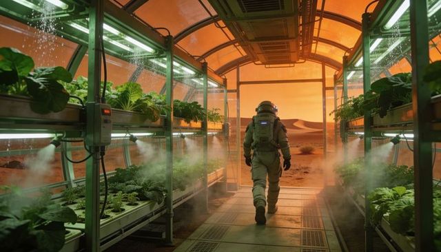 Astronaut walking through hydroponic greenhouse corridor on desert colony at sunset
