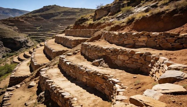 Dry-stone terraces cascading down arid highland slopes with winding packed paths
