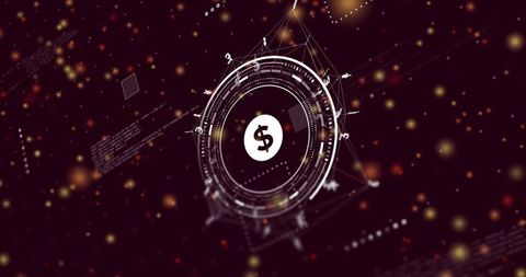 Displaying futuristic financial HUD with dollar symbol, digital rings and glowing bokeh