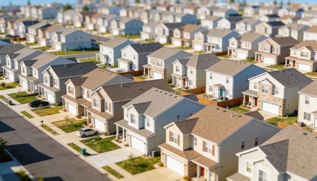 Tilt-shift suburban showing two-story beige house with two-car garage and wooden fence