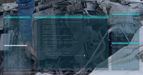 Mechanic accessing car engine with digital terminal overlay showing code and encryption