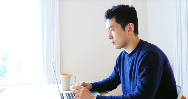 Focused Young Man Working on Laptop in Bright Room - Download Free Stock Images Pikwizard.com