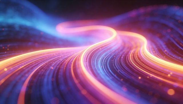 Neon light ribbons flowing through futuristic gradient wave with particle trails and motion