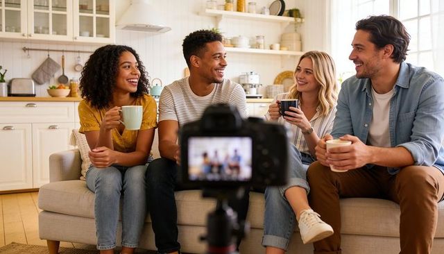Friends filming casual coffee conversation on sofa in bright open-plan kitchen