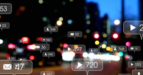 Social Media Engagement Icons Over Blurred City Traffic