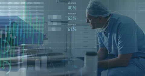 Caucasian Surgeon Analyzing Data with Futuristic Technology Overlay