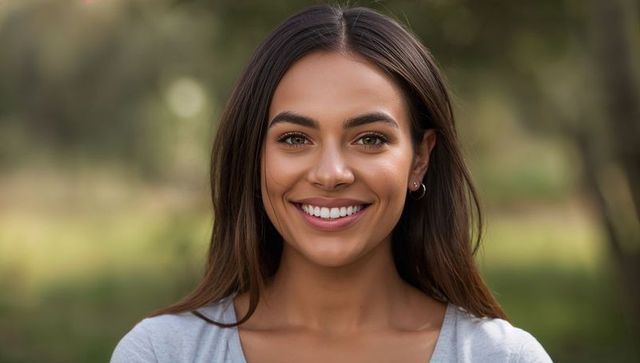Smiling young woman enjoying outdoor headshot with soft bokeh and casual gray scoop-neck top