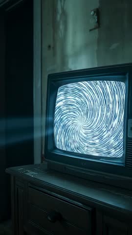 Vertical video displaying CRT TV emitting hypnotic swirling static in decaying room