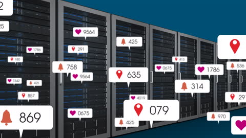 Digital Communication Icons Floating Over Data Servers