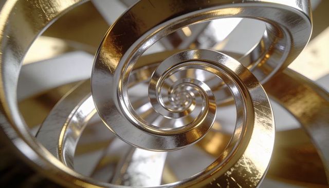 Spiraling polished metallic vortex reflecting gold and silver finishes, abstract chrome