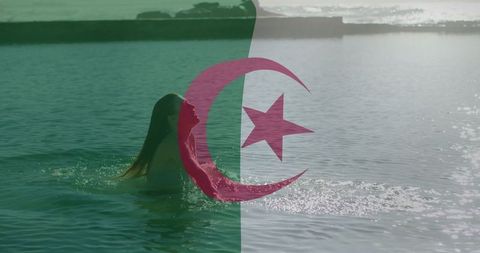 Serene Ocean Swim with Algerian Flag Overlaid for Cultural Significance