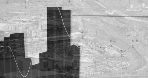 City skyline silhouette with financial data overlay