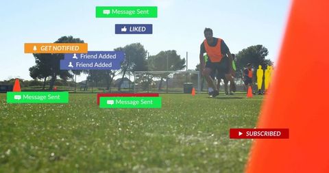 Soccer Training Drill with Players in Orange Bibs, Cones and Social Media Notifications