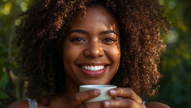 Sunlit black woman smiling holding white ceramic cup closeup portrait garden golden hour