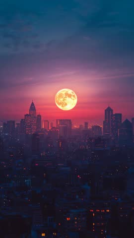 Vertical Video: Full Moon Rising Over Neon City Skyline at Twilight with Lit Windows Glowing