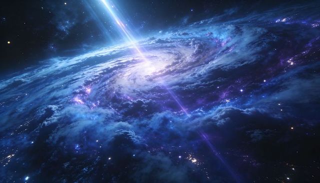 Spiral galaxy core emitting collimated light jet over blue purple nebula and starfields