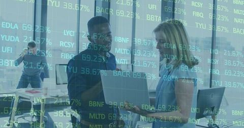Business team analyzing financial data on laptop with urban skyline and stock ticker