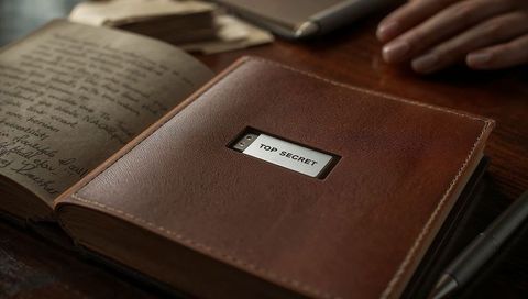 Leather journal marked top secret sitting on dark wooden desk with pen and hand