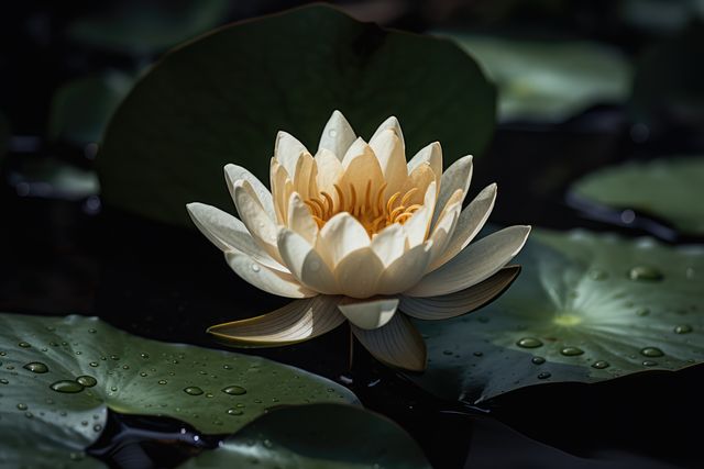 This serene white lotus bloom in a tranquil pond setting is perfect for promoting themes of peace, nature, and beauty. Ideal for use in meditation materials, nature blogs, wellness and spa advertisements, and floral decor projects.