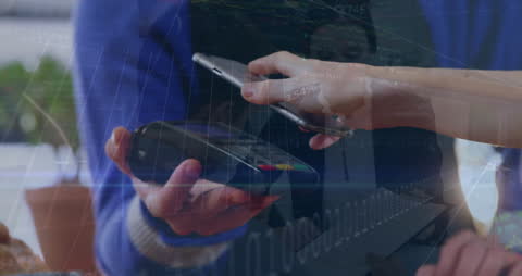 Man Using Smartphone for Contactless Payment with Financial Data Overlay