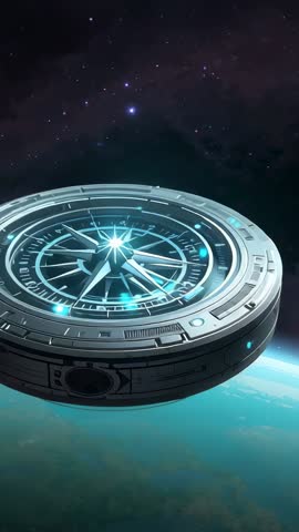 Futuristic Compass Beacon Hovering Over Planet Rotating Navigation Device Vertical Video