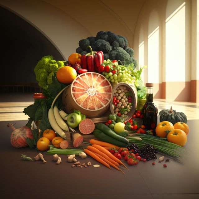 Empty room with basket of vegetables and fruit on floor over columns, using generative ai technology. Food, shopping and healthy concept digitally generated image.