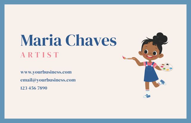 This vibrant template features a cheerful cartoon girl holding a paint palette, ideal for art services and artistic invitations. Perfect for promoting art studios, painting workshops, or creative events. Customizable with personal details for professional use.